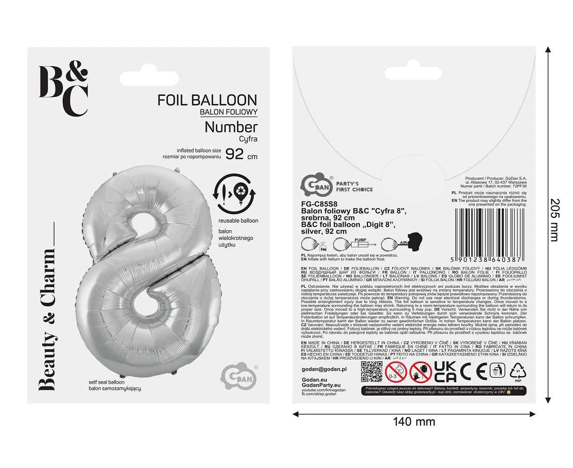 Balon foliowy B&C Cyfra 8, srebrna, 92 cm AA